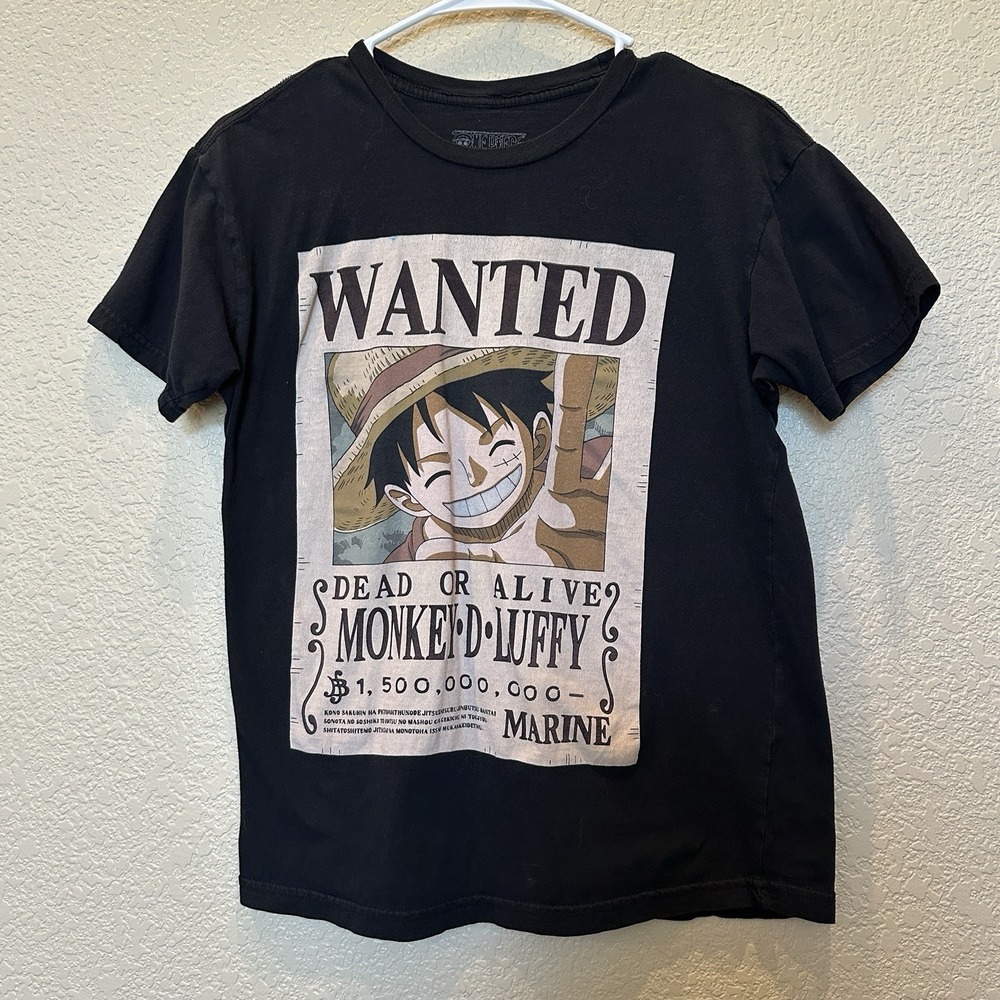 One Piece Luffy Wanted Poster T-Shirt Mens S Black Graphic Anime Manga Pullover